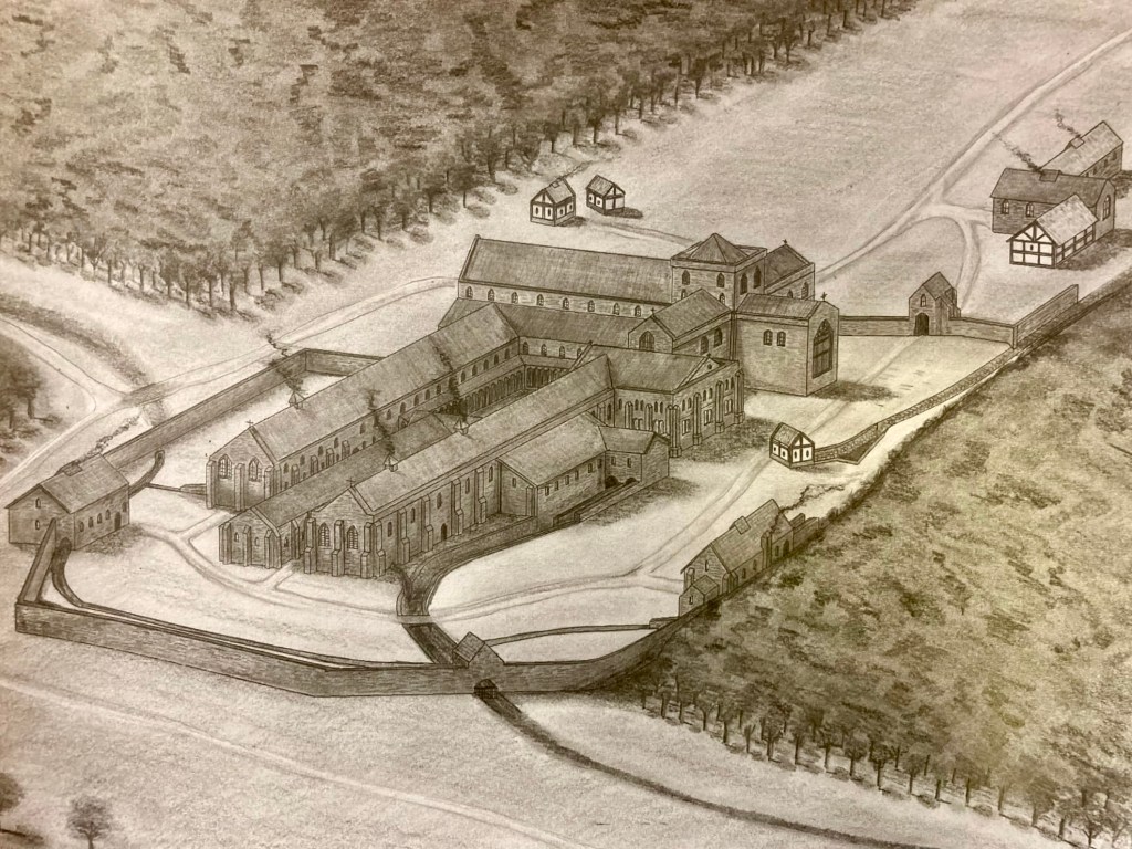 Pencil drawing by Martin J. Everett of Furness Abbey circa 1127, showcasing the monastic complex and surrounding landscape.