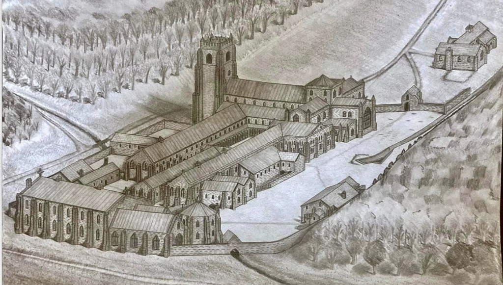 Pencil drawing by Martin J. Everett of Furness Abbey in the early 1500s, showcasing the Abbey's monastic buildings and fortifications.