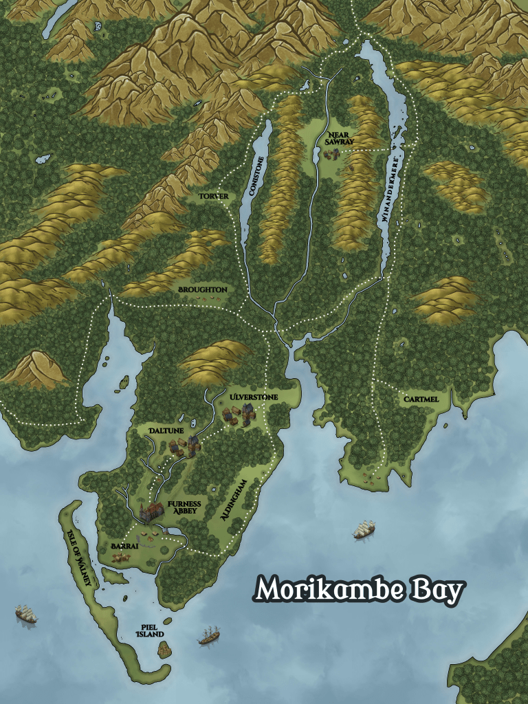 Fantasy map of Morikambe Bay and the Furness Peninsula from The Mereland Chronicles, showing old forests, settlements like Ulverstone and Furness Abbey, and surrounding fells and lakes.