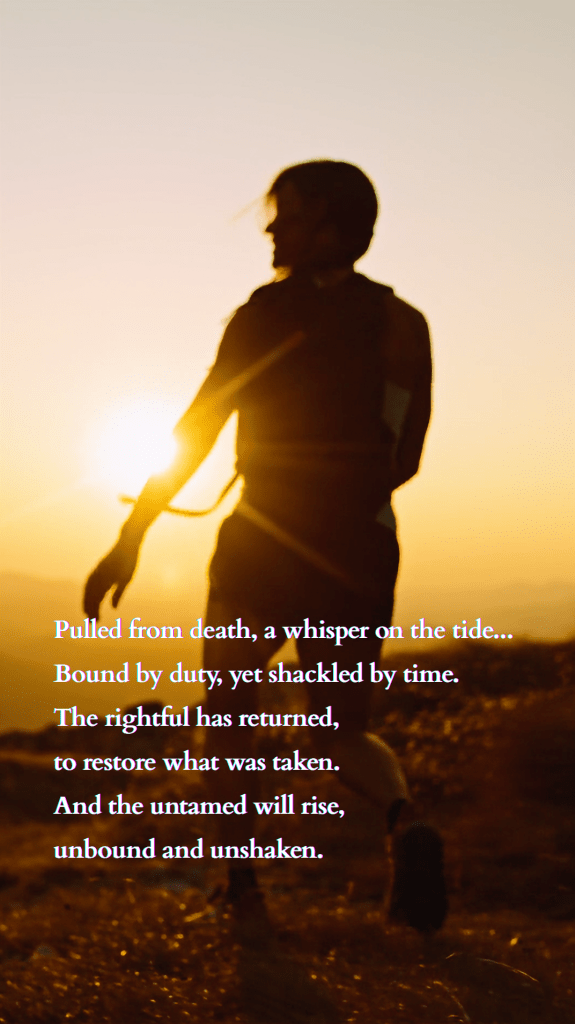 Silhouette of a woman running at sunset on a hillside with the poem “Pulled from Death” overlaid; Lake District tones, moody golden light.