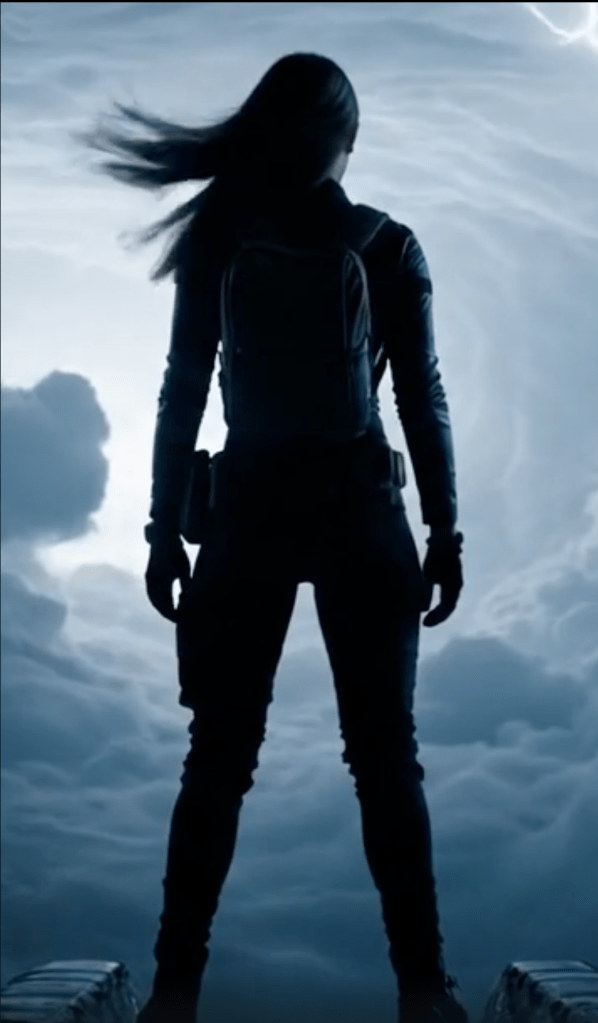 Silhouette of a traveler standing inside a ship, looking out through a hatch into a violent storm.