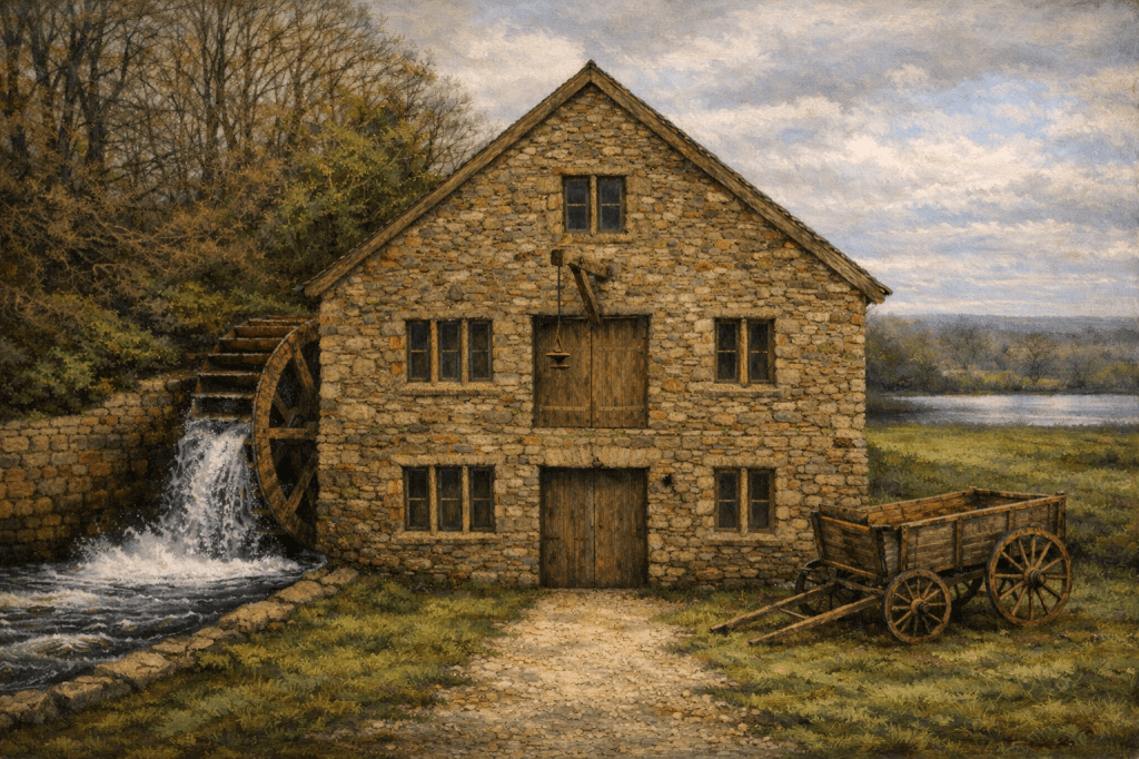 Illustrated stone watermill with waterwheel and cart, depicting the Abbey Mill as imagined in The Mereland Chronicles: The Crier.