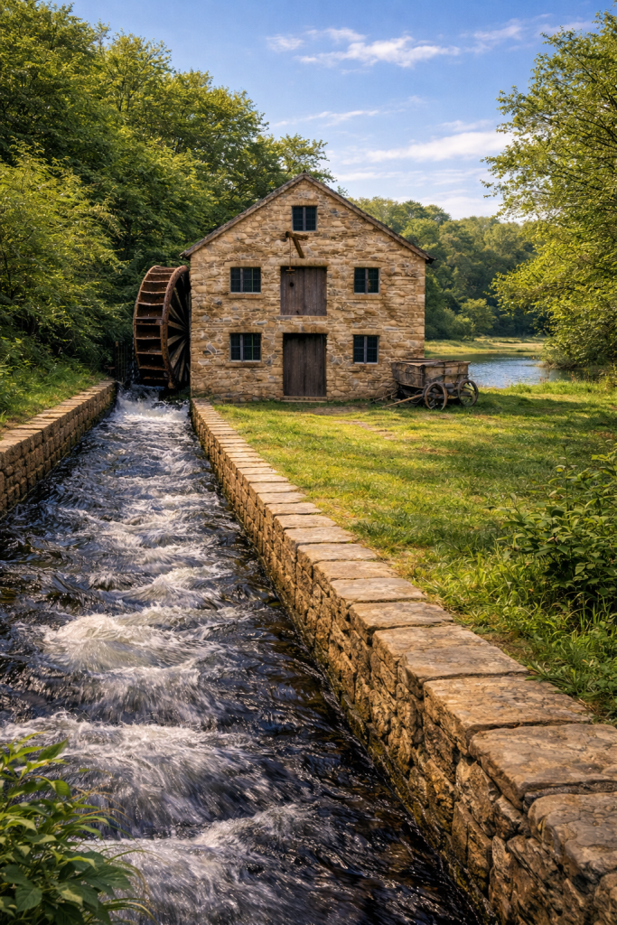 Fictional reimagining of the Abbey Mill with waterwheel and mill race in summer near Furness Abbey, Barrow-in-Furness, as depicted in The Mereland Chronicles.