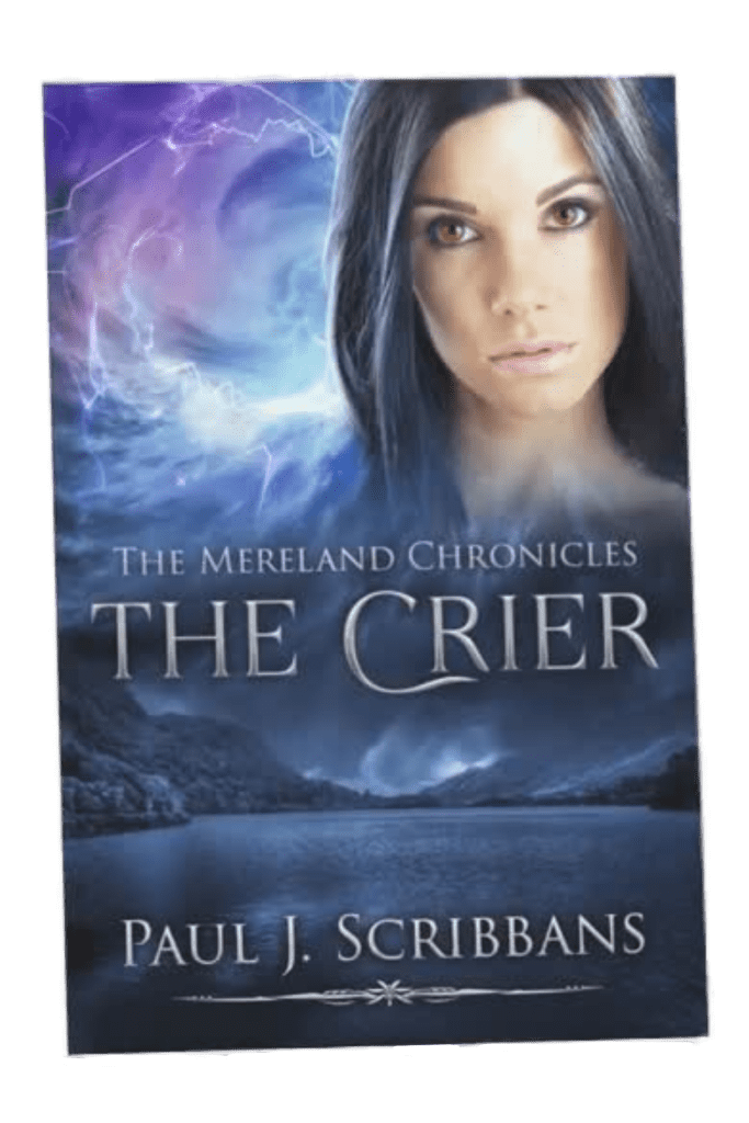Front cover of The Mereland Chronicles: The Crier by Paul J. Scribbans, featuring a mysterious woman against a stormy blue Lake District landscape.
