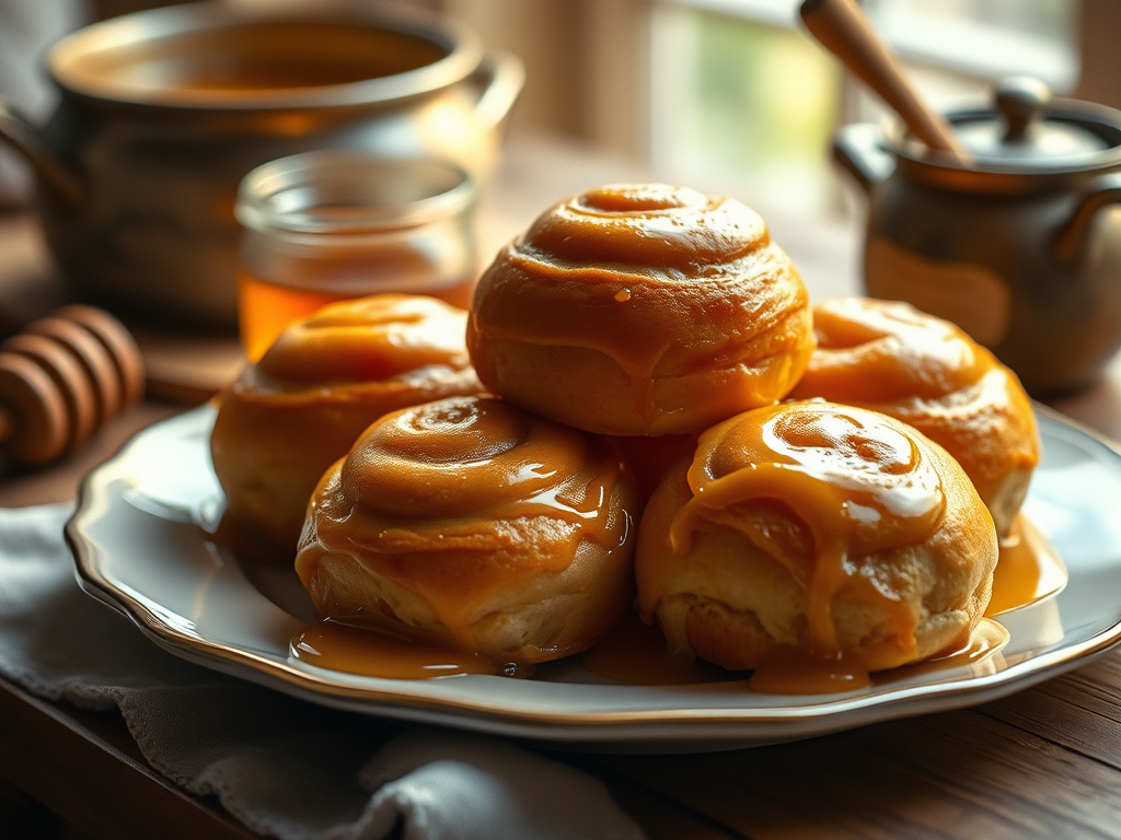 Plate of golden honey buns glazed with dripping honey, inspired by The Mereland Chronicles: The Crier.