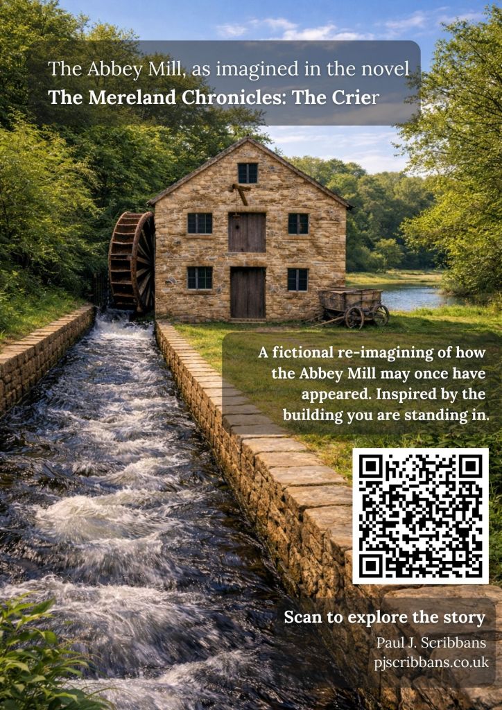Fictional reimagining of Abbey Mill from The Mereland Chronicles The Crier with waterwheel, stream and QR code poster