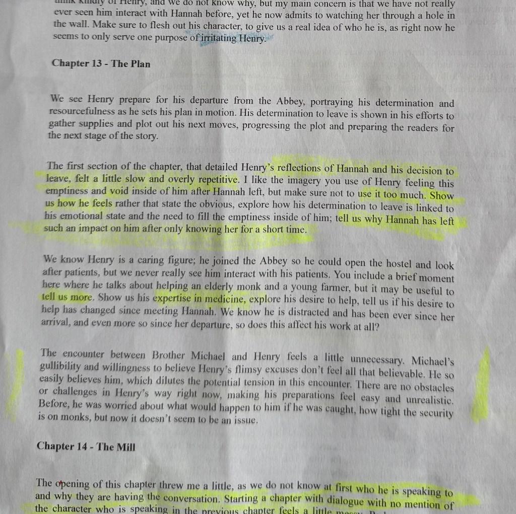 Printed novel draft with highlighted developmental editor feedback and notes