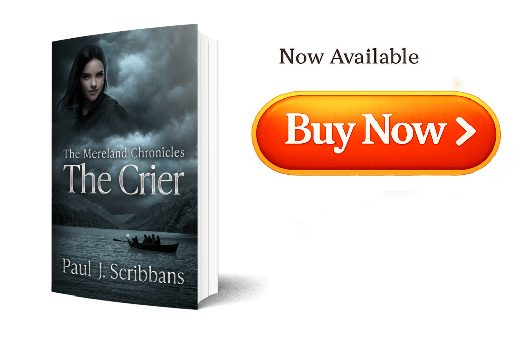 Paperback edition of The Mereland Chronicles: The Crier with promotional Buy Now graphic.