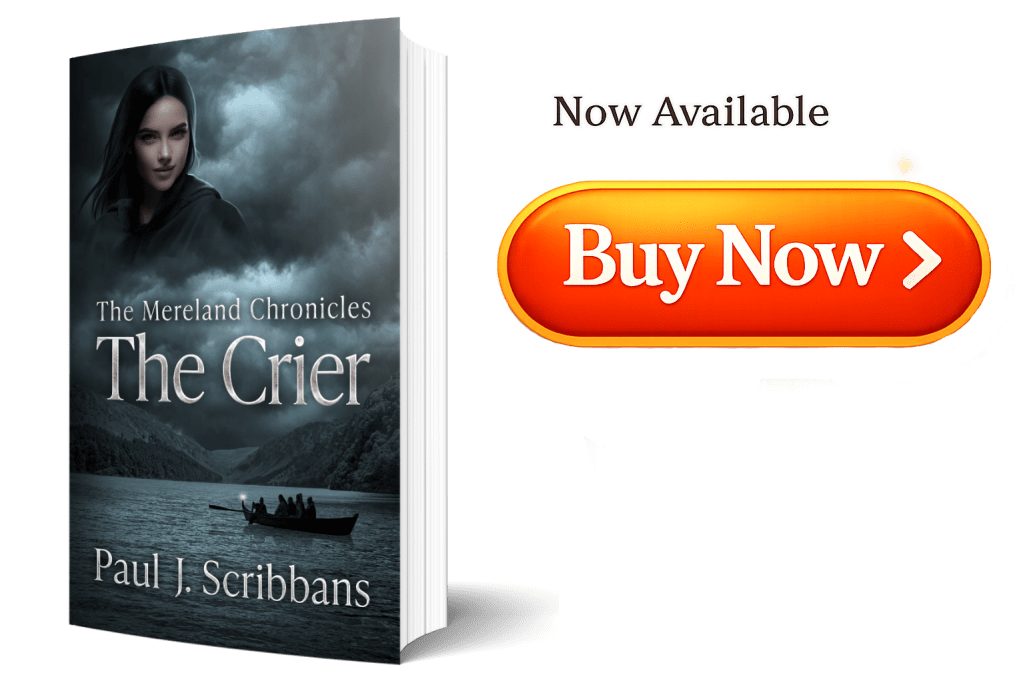 Paperback copy of The Mereland Chronicles: The Crier beside a Buy Now button on a promotional graphic.