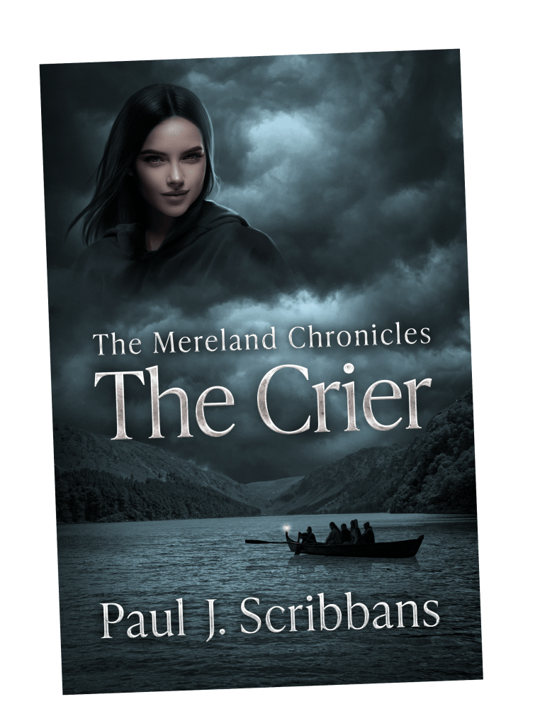 Angled book cover for The Mereland Chronicles: The Crier by Paul J. Scribbans featuring a mysterious young woman, a boat on dark waters, and storm-filled skies.