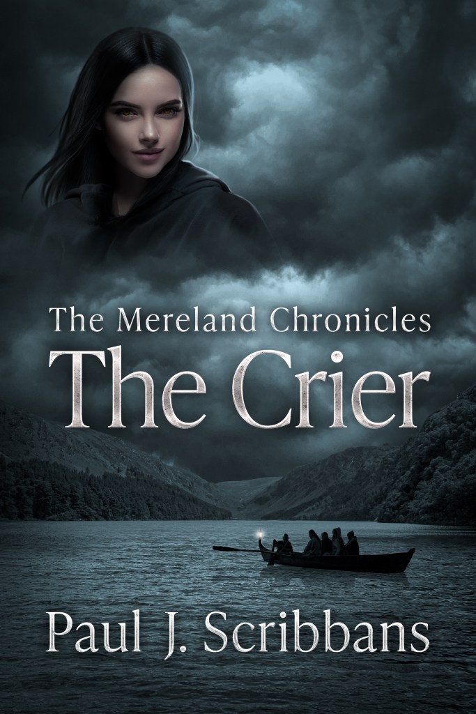 The Mereland Chronicles: The Crier book cover featuring a mysterious young woman, a boat on a dark lake, and storm-filled skies.