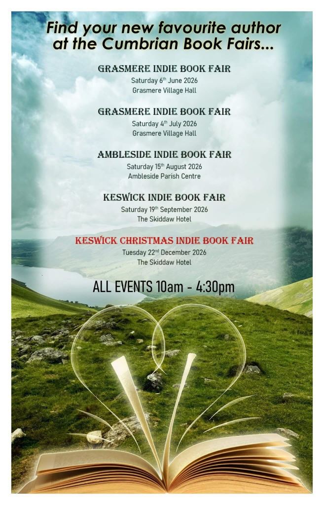 Promotional poster for the Cumbrian Book Fairs featuring Grasmere, Ambleside and Keswick author events in the Lake District.