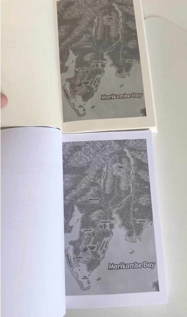 Comparison of a black-and-white map printed on Amazon KDP Groundwood paper (top) and Standard White paper (bottom), showing differences in heavy ink coverage, print sharpness and paper appearance.