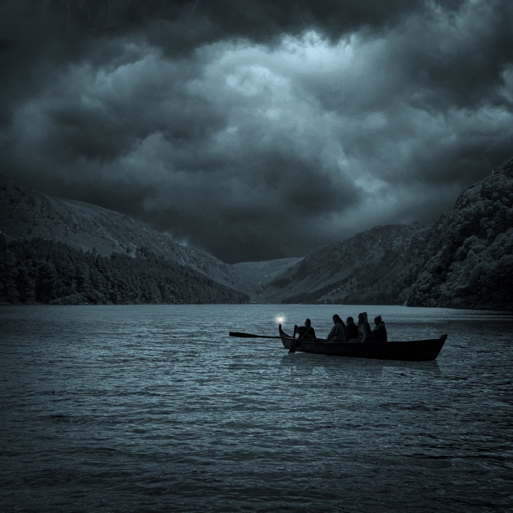 Small boat crossing a dark Lake District lake beneath storm clouds, depicting the Claife Crier legend as retold through The Mereland Chronicles canon.