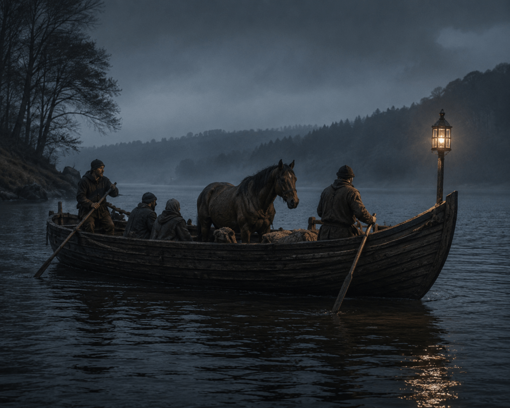 Medieval ferry crossing Windermere by lantern light, depicting the Claife Crier legend as retold in The Mereland Chronicles canon.