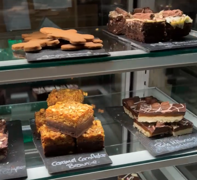 Selection of homemade cakes and brownies on display in the restaurant at Charnley's Home & Garden Centre, Dalton-in-Furness.