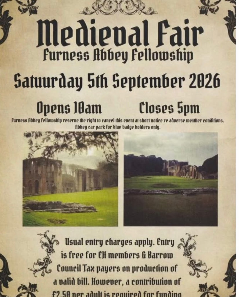 Poster advertising the Medieval Fair at Furness Abbey, Barrow in Furness on Saturday 5 September 2026, from 10am to 5pm.